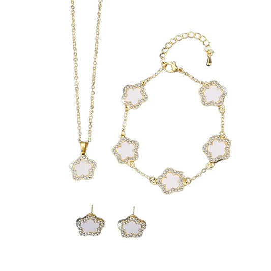 Collar y pendientes con colgante de flor de cinco hojas de lujo de 3 piezas